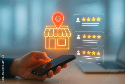A person holds a smartphone, reviewing customer feedback and star ratings for a local business with a glowing location pin and store icon, representing digital reputation management