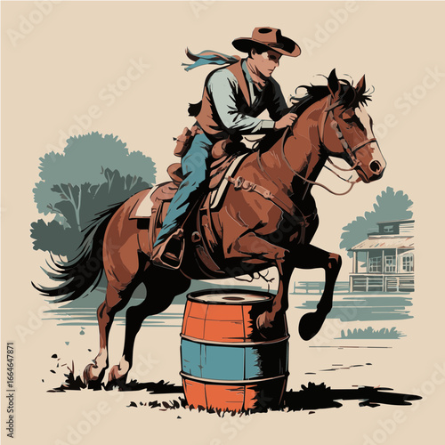 Vector illustration of cowboy riding a racing horse and Barrel