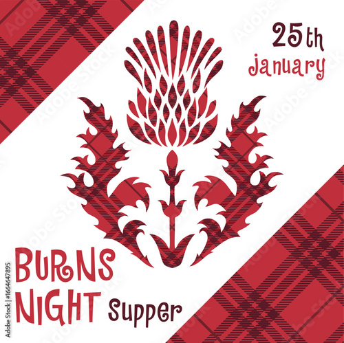 Burns night supper background with thistle on tartan background. Card Menu with lettering for restaurant, party.