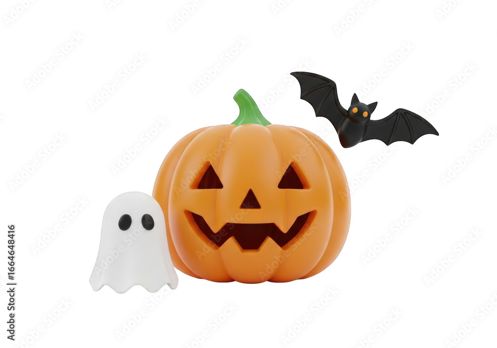 Fototapeta premium Festive Autumnal Arrangement Featuring a Jack-o'-Lantern, Ghost, and Bat in 3D Render Against a Transparent Backdrop for Seasonal Decor and Fun Imagery