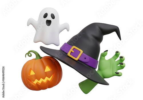 A Playful 3D Halloween Scene Featuring a Ghost, Jack-o'-Lantern, Witch Hat, and a Green Zombie Hand on a Transparent Backdrop for Creative Projects