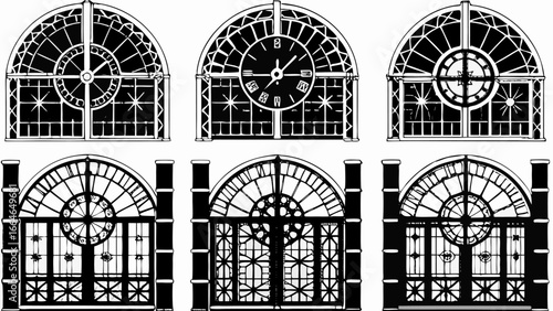 Illustration of six arched windows with intricate designs and clock faces in black and white style art silhouette