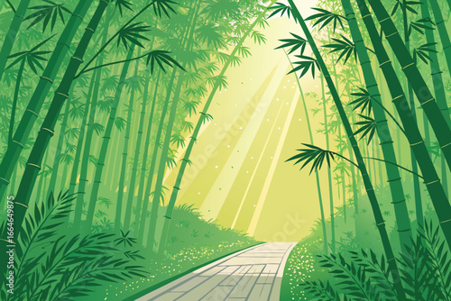 Sunlit bamboo forest path, ethereal light.