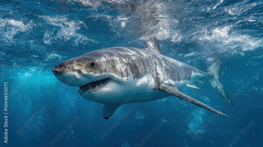 Fototapeta premium A great white shark aggressively swims through clear blue water, displaying its sharp teeth and streamlined body, portraying the majesty of ocean predators in their natural habitat