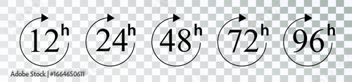 Hour icon 12, 24, 48 and 72 hours clock arrow. Fast service Work time effect or delivery service time icons 24 hours sign. Vector