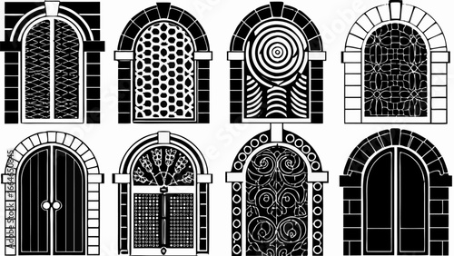 Collection of eight arched doorways with varying designs in black and white illustration style silhouette
