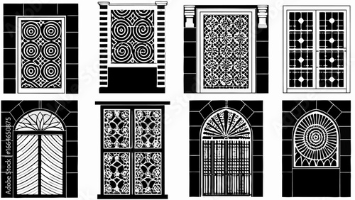 A collection of eight decorative window designs featuring intricate patterns in black and white illustration silhouette