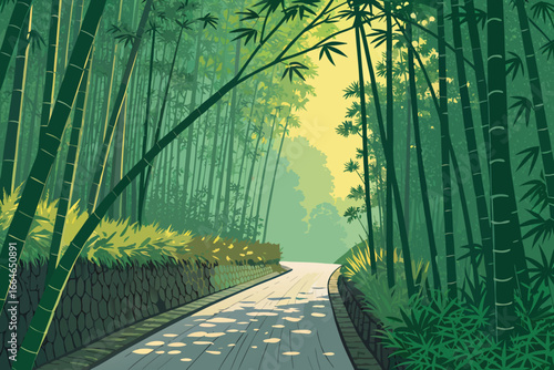 Sunlit bamboo forest path, serene nature scene.