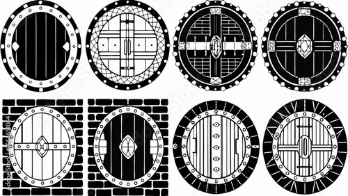 Collection of eight stylized black and white round doors with varying designs and textures in a grid format silhouette