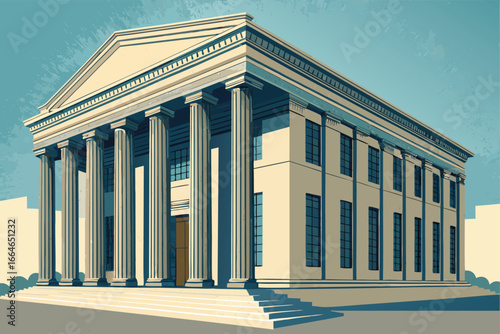 Bank exterior, classical architecture, tall columns, grand entrance.