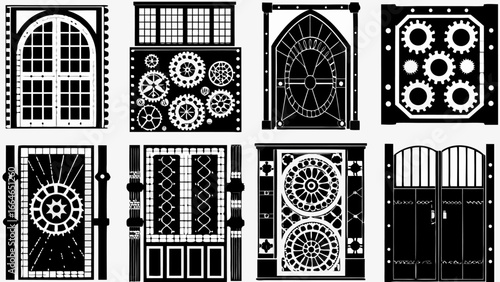 Collection of steampunk doors and windows with gears and intricate designs in black and white illustration silhouette