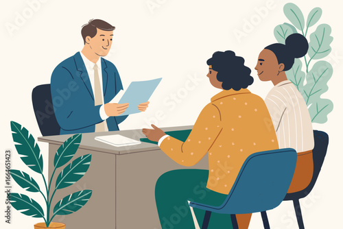Loan officer explains contract to client.
