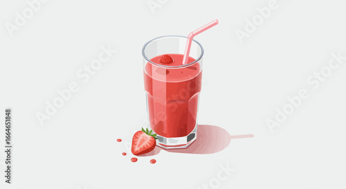 Refreshing Strawberry Smoothie in Glass with Straw and Fresh Berries