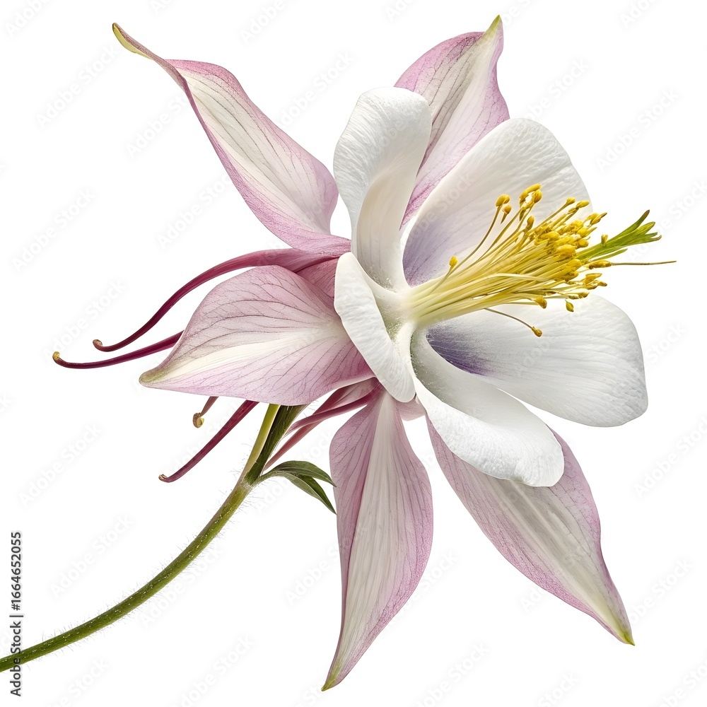 Naklejka premium Columbine Elegant Bloom with Distinctive Spurred Petals and Graceful Botanical Beauty Captured in Minimalist Still Life on Pure White Background for Artistic Floral Stock Photography