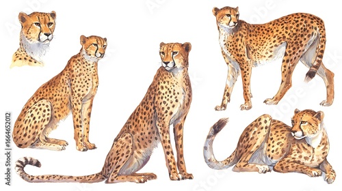 Ultra realistic watercolor style illustration of beautiful cheetah, high detailed, isolated on white background