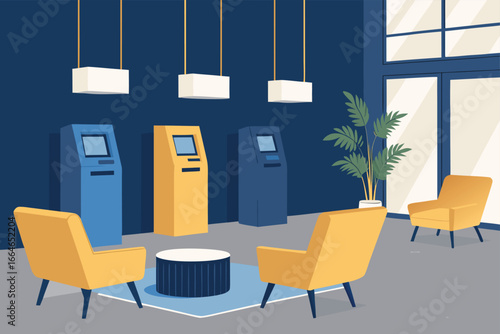 Modern bank lobby with digital kiosks and sleek furniture.