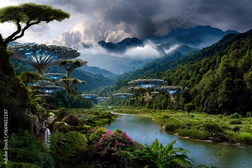 futuristic bioluminescent trees in a lush green valley with river and waterfall, surrounded by mountains and dramatic clouds, depicting a surreal utopian landscape at dawn