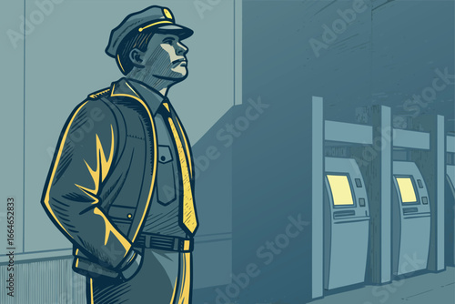 Bank security guard in lobby near ATM.