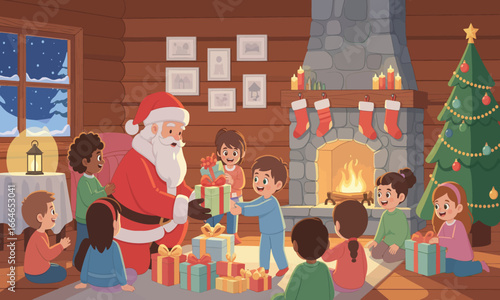 A cute Santa Claus gives presents to happy children on a snowy winter Christmas night