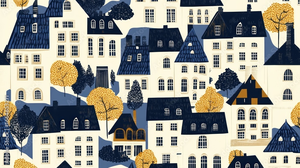 Seamless pattern of charming townhouses with blue and navy roofs, and yellow trees. Seamless pattern of charming townhouses with blue and navy roofs, and yellow trees.
