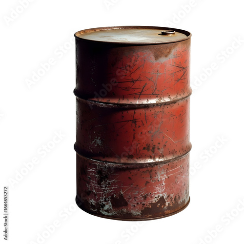 Gritty, distressed red metal drum, heavily rusted and scratched, symbolizing industrial storage, waste management, and the passage of time on a pristine white background