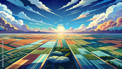 From high altitude, agricultural lands stretch endlessly beneath bright cloud-filled sky, earth’s patchwork glowing gently, timeless connection between land and sky emerges, vast horizon inspires awe,