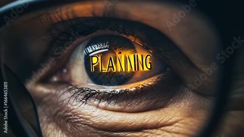 Eye focused on the word PLANNING, a vision of strategy and future goals in sight
