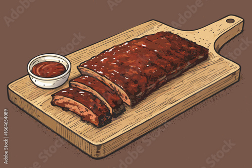 Succulent BBQ ribs glazed with sauce on a wooden cutting board.
