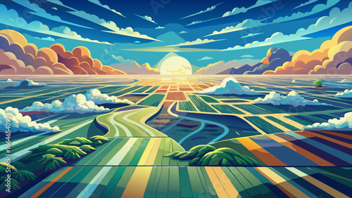 From high altitude, agricultural lands stretch endlessly beneath bright cloud-filled sky, earth’s patchwork glowing gently, timeless connection between land and sky emerges, vast horizon inspires awe,