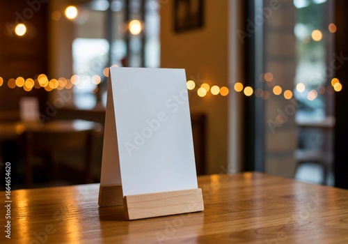 blank billboard in a restaurant, Blank white tent card menu holder on wooden table in cafe interior. Wooden frame displays mockup for information, design, or product placement. Soft blurred background