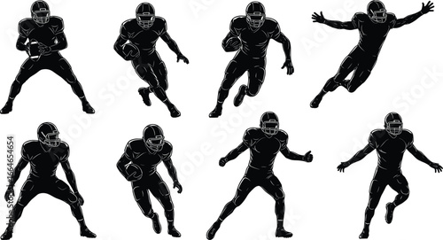 American football player silhouette set, vector illustration of athletes in action poses, black and white sports icons, NFL concept art