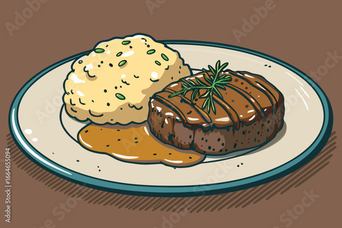 Savory beef burger steak with creamy mashed potatoes and rich gravy.