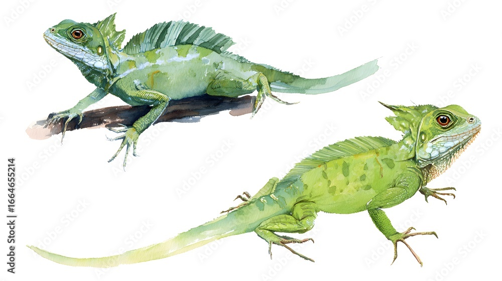 Fototapeta premium basilisk watercolor illustration. Hand-drawn woodland animal in yellow and black. Single forest predator isolated on white background