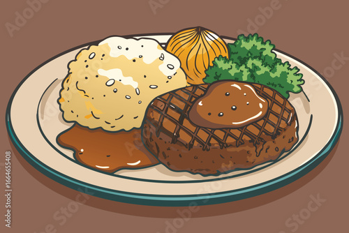 Juicy beef burger steak with creamy mashed potatoes and rich gravy.