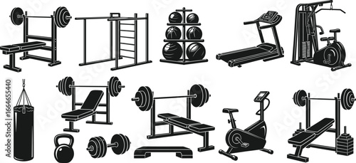 Gym equipment icon set including fitness machines, weights, benches, treadmills, and exercise tools in black silhouette vector style