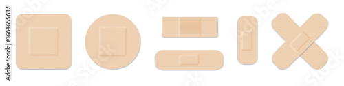 Medical plasters. Bandages set. Adhesive bandage for first aid for wounds operations and skin injuries. Protecting open wound from infection. Vector