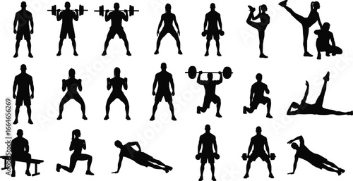 Silhouette vector set of fitness workout poses, gym exercise icons for men and women, strength training and stretching illustrations