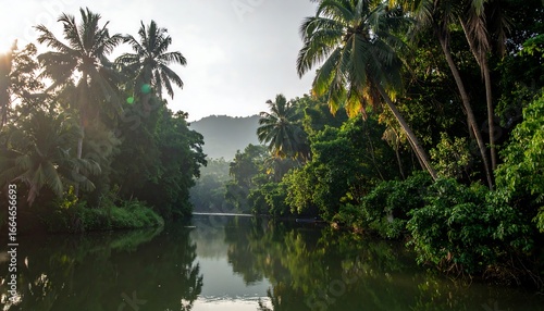 Lush tropical river scene at dawn