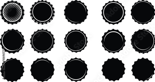 Vector bottle cap silhouette set – black beer caps, soda crown tops, retro seal icons, vintage drink closure illustrations collection