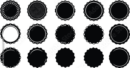 Vector bottle cap silhouette set – black beer caps, soda crown tops, retro seal icons, vintage drink closure illustrations collection