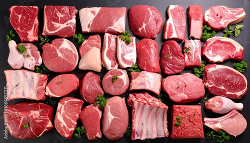 Assortment of various cuts of fresh red meat displayed on a dark surface, highlighted by fresh herbs.