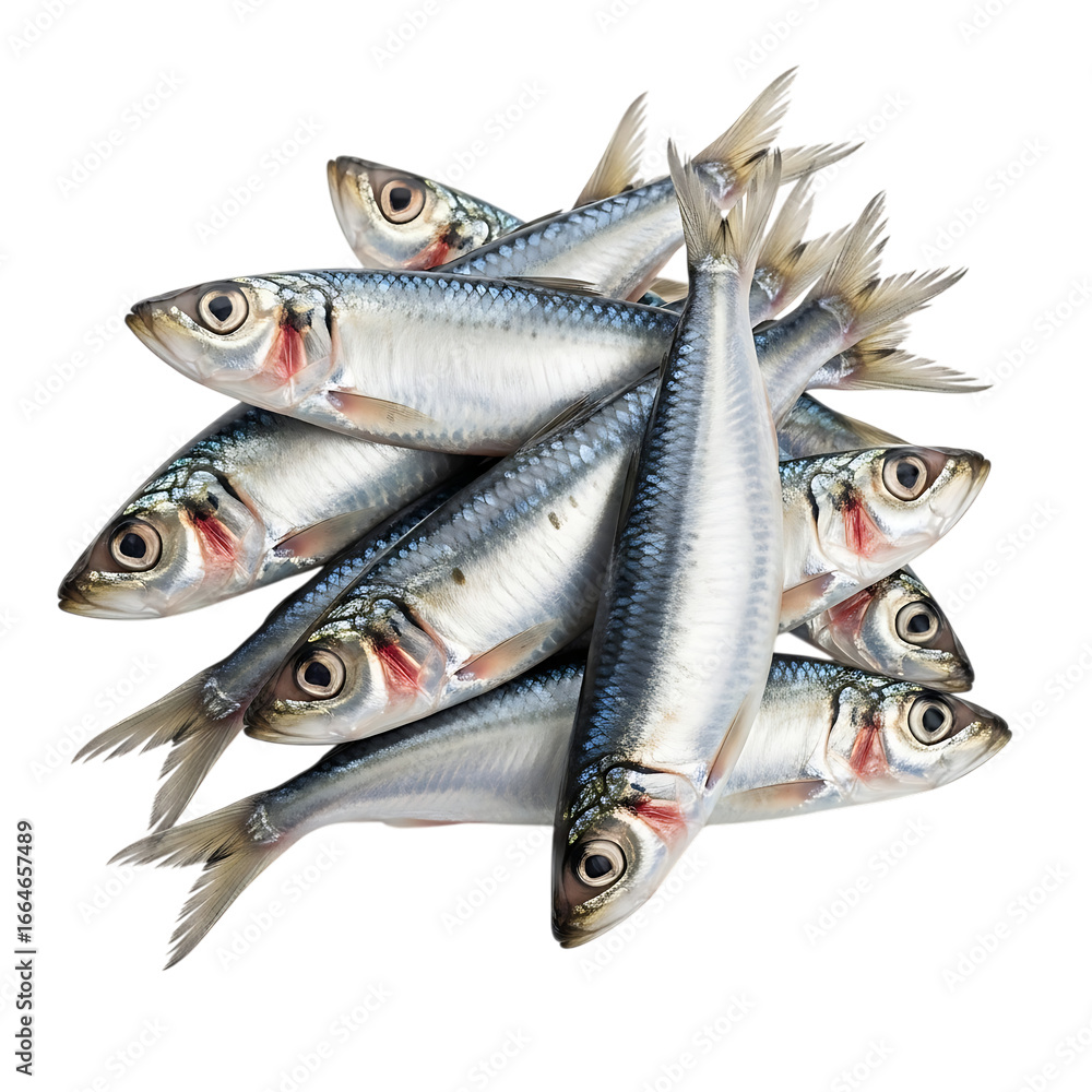 Fototapeta premium A pile of fresh sardines, also known as pilchards or sprats, isolated on a transparent background, showcasing a healthy source of protein and omega3 fatty acids for culinary use