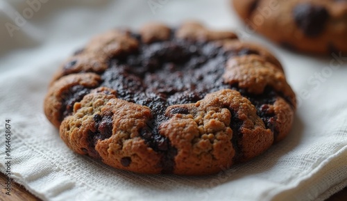 Close-up of delicious cookie with chocolate filling on light fabric napkin. Golden crust and rich dark chocolate highlight texture, perfect for baking, dessert and food themes