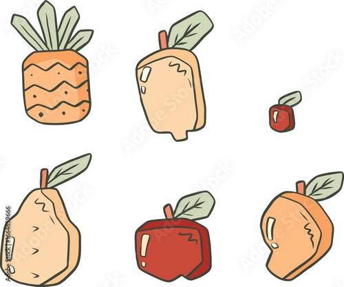 Set of Line Art Colorfull Clipart Fruit with Unique Geometric Playful Shape