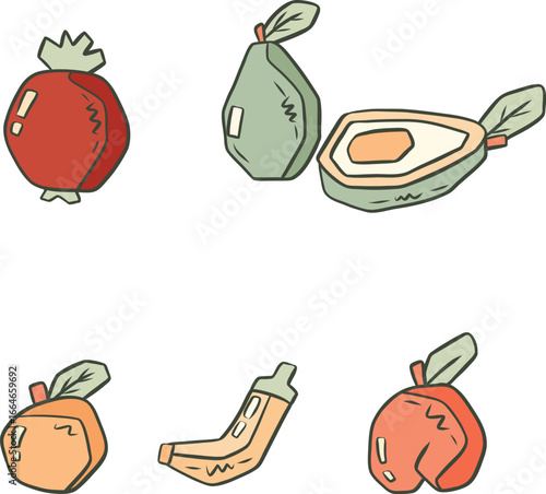 Set of Line Art Colorfull Clipart Fruit with Unique Geometric Playful Shape