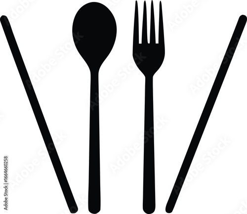 Black silhouette collection of cutlery and chopsticks on white background