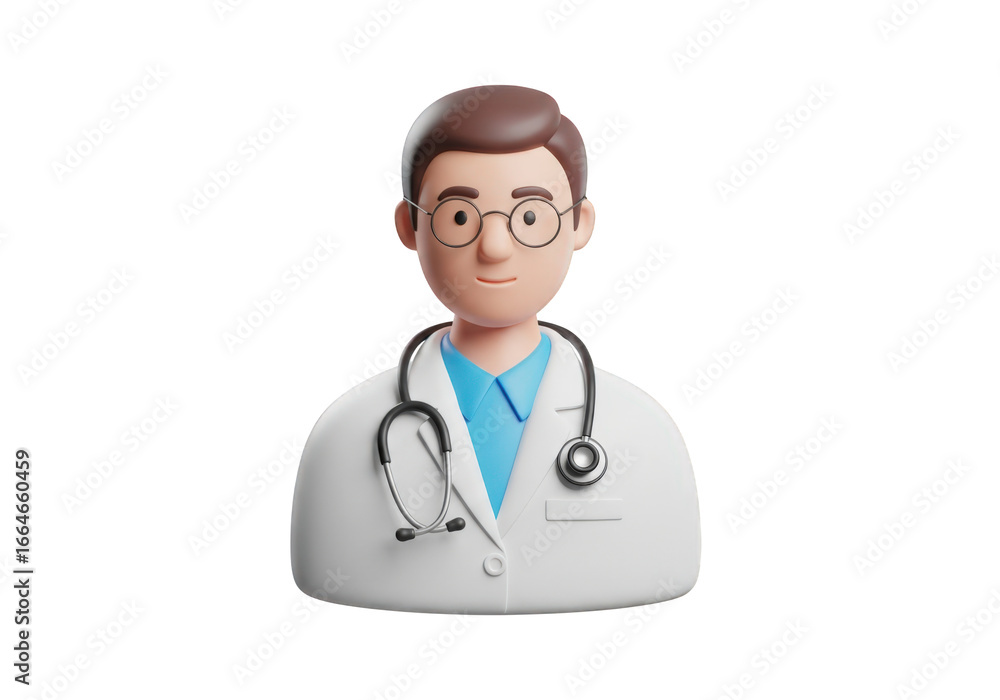 Fototapeta premium A 3D Cartoon Doctor Character with Glasses and Stethoscope, Ideal for Medical Presentations and Healthcare Illustrations on a Transparent Background