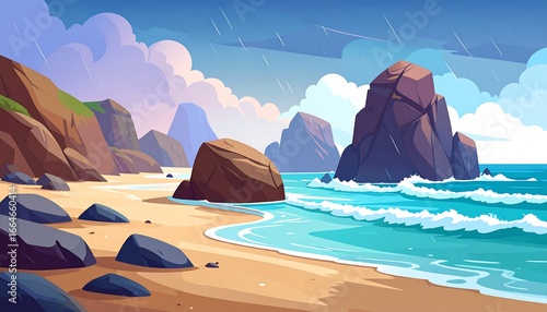 Colorful Cartoon Beach Scene with Rocky Coastline.