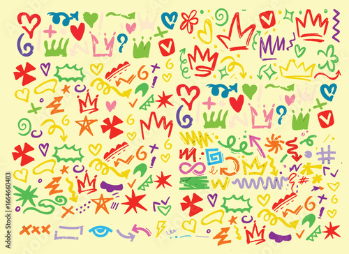 Colorful Hand-Drawn Doodle Elements Set – Vibrant Marker Scribbles, Symbols, and Decorative Icons on Dark Background
