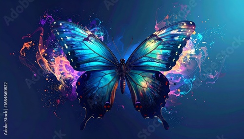 A vibrant, stunning butterfly takes flight, adorned with dynamic splashes of color, creating an eye-catching visual symphony against a deep blue background.